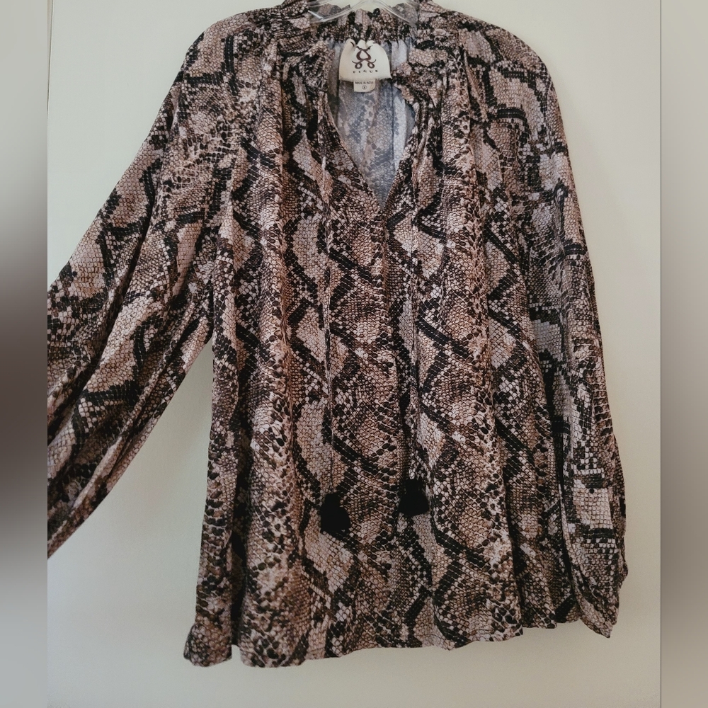 Figue Blouse Lilah Beige Snakeskin Print Womens Medium Long Puff Sleeves Tassel - Picture 6 of 14